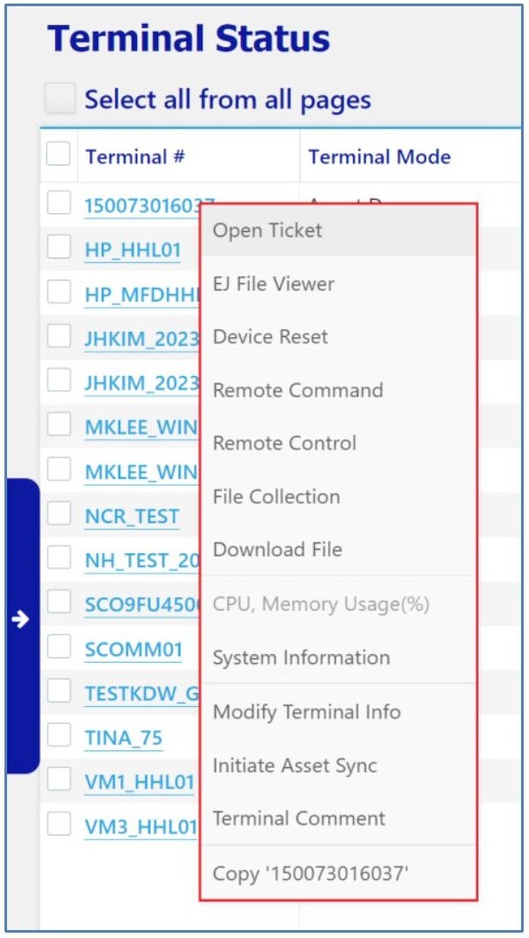 Terminal Status right-click context menu
